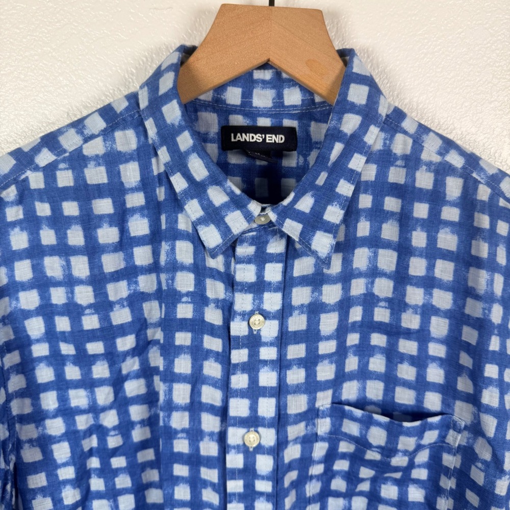 Lands End Mens Medium Blue Gingham Check 100% Linen Short Sleeve Button Up Shirt